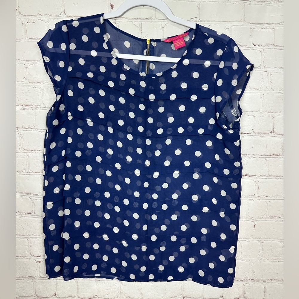 Sunny Leigh Blue White Polka Dot Short Sleeve Blouse Sz S, Guc